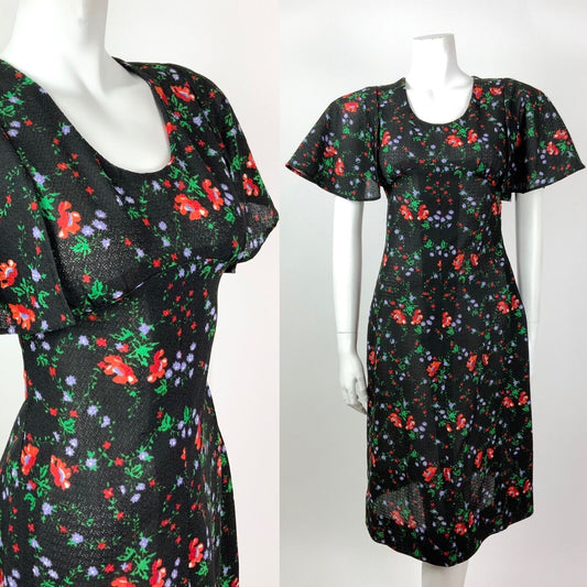 VINTAGE 60s 70s BLACK RED GREEN PURPLE FLORAL CAPE SLEEVE DRESS 10