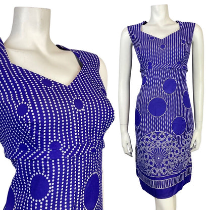 VINTAGE 60s 70s PURPLE WHITE POLKA-DOT STRIPED MANDALA MOD SLEEVELESS DRESS 14