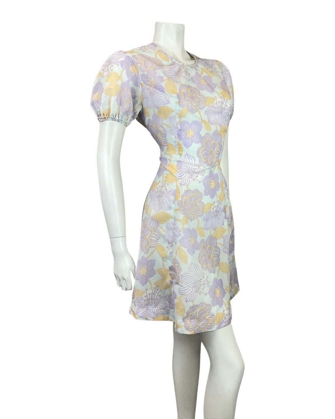 VINTAGE 60s 70s PURPLE BLUE YELLOW FLORAL MOD PUFF SLEEVE SWING DRESS 10 12