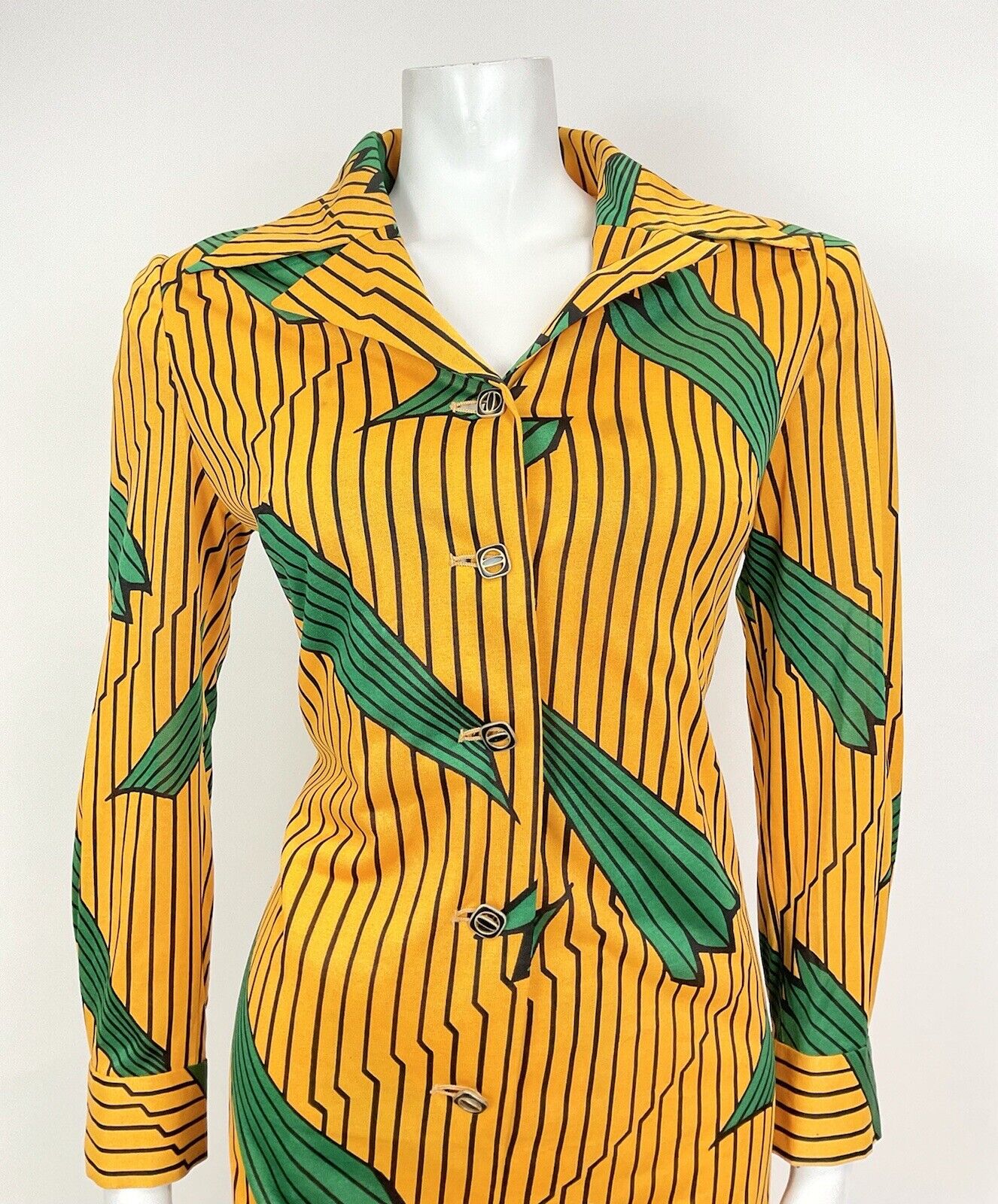 VINTAGE 60s 70s YELLOW BLACK GREEN STRIPED LEAFY MOD DAGGER SHIRT DRESS 10 12