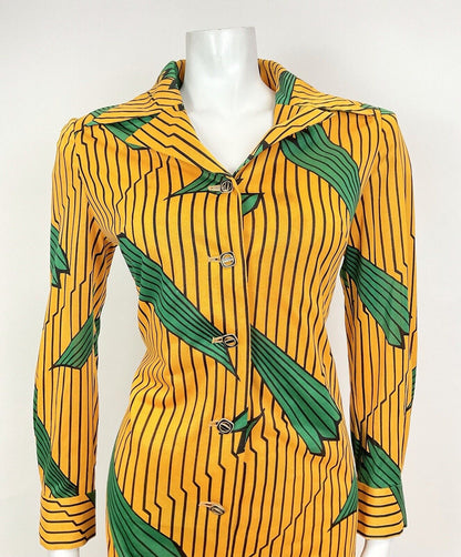 VINTAGE 60s 70s YELLOW BLACK GREEN STRIPED LEAFY MOD DAGGER SHIRT DRESS 10 12