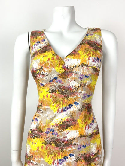 VINTAGE 60s 70s YELLOW BROWN ORANGE BLUE FLORAL PSYCHEDELIC LACE DRESS 10