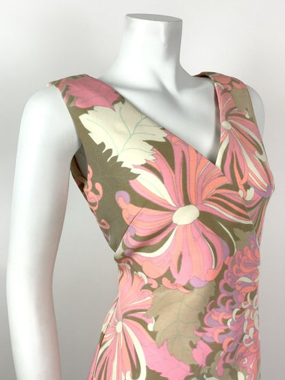 VINTAGE 60s 70s NEON PINK PURPLE BEIGE BROWN PSYCHEDELIC FLORAL WRAP DRESS 12