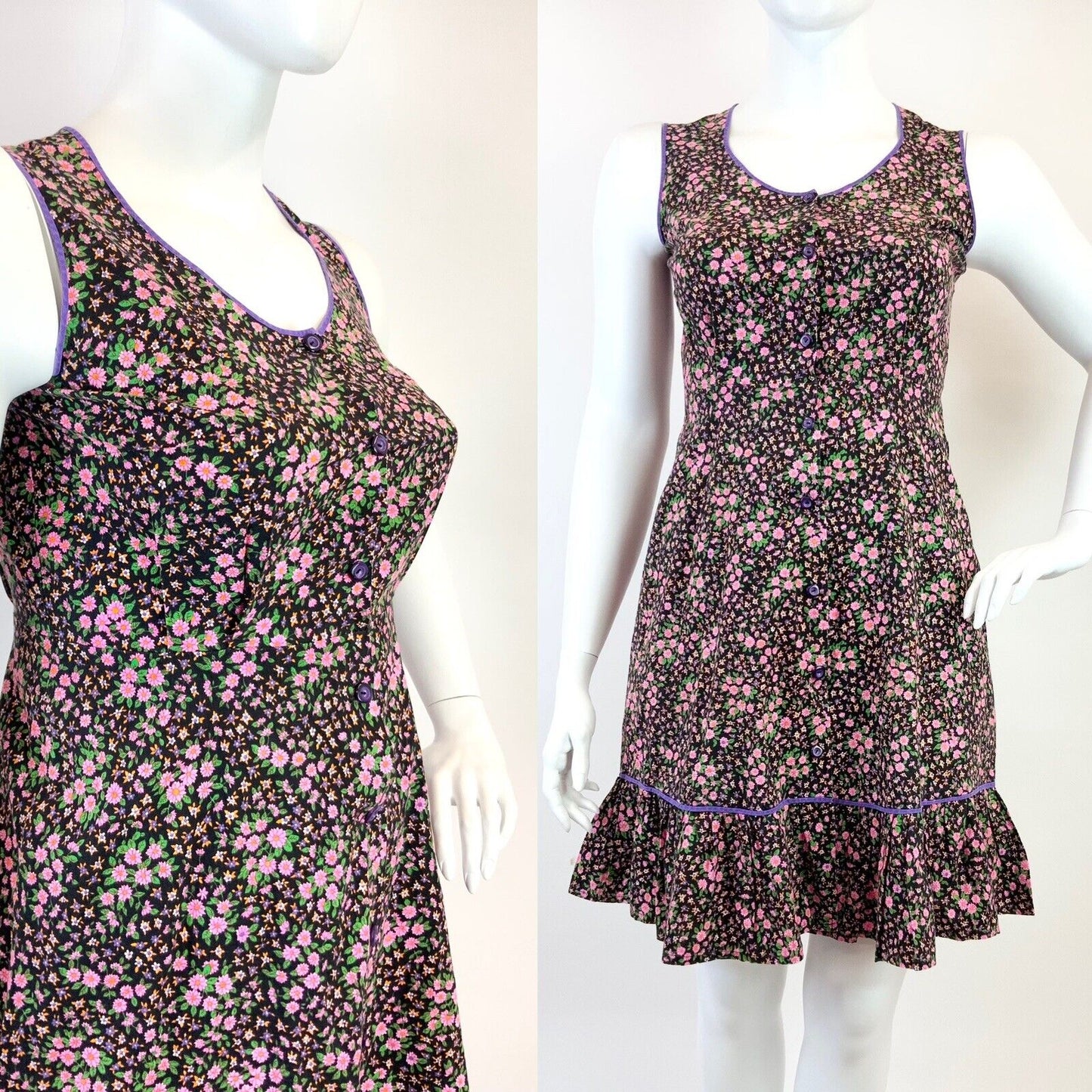 VTG 60s 70s BLACK PURPLE PINK FLORAL DITSY BOHO SLEEVELESS RUFFLE DRESS 16 18