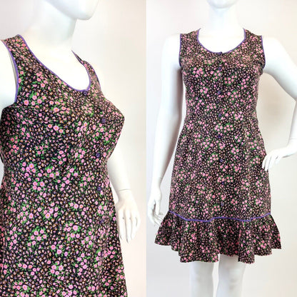 VTG 60s 70s BLACK PURPLE PINK FLORAL DITSY BOHO SLEEVELESS RUFFLE DRESS 16 18