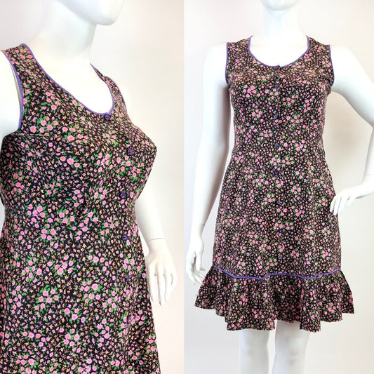 VTG 60s 70s BLACK PURPLE PINK FLORAL DITSY BOHO SLEEVELESS RUFFLE DRESS 16 18