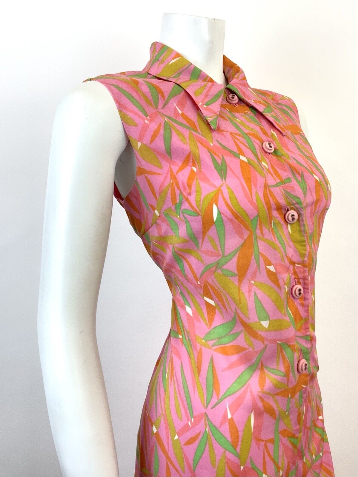 VTG 60s 70s PINK GREEN ORANGE PSYCHEDELIC LEAFY DAGGER SHIRT SHIFT DRESS 10 12