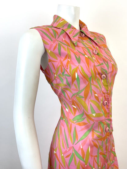 VTG 60s 70s PINK GREEN ORANGE PSYCHEDELIC LEAFY DAGGER SHIRT SHIFT DRESS 10 12