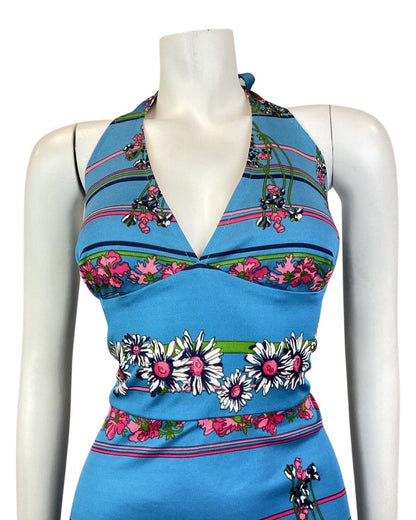 VINTAGE 60s 70s BLUE PINK WHITE FLORAL DAISY STRIPED SUMMER HALTER DRESS 12 14