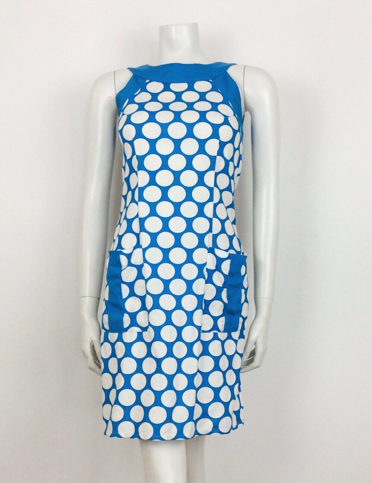 VTG 60S 70S BLUE WHITE SPOTTED COTTON SUMMER DRESS 8