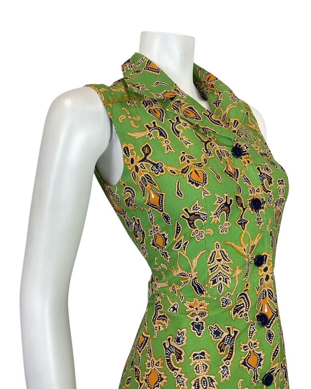 VINTAGE 60s 70s GREEN BLACK GOLD ABSTRACT FLORAL MOD DAGGER SHIRT DRESS 8 10