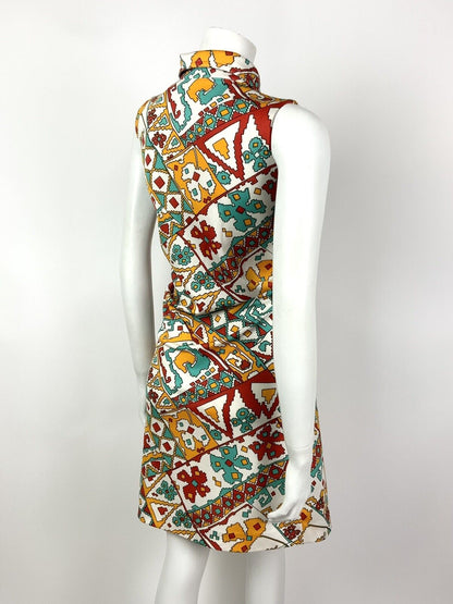 VINTAGE 60s 70s WHITE BLUE RED YELLOW GEOMETRIC AZTEC DAGGER SHIRT DRESS 12 14