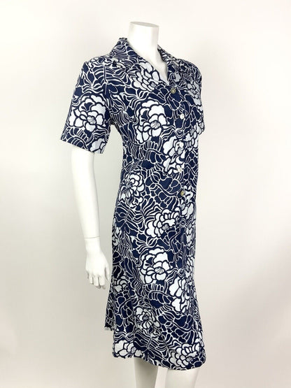 VINTAGE 60s 70s NAVY BLUE WHITE FLORAL LEAFY PSYCHEDELIC SHIRT DRESS 14 16