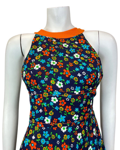 VINTAGE 60s BLUE ORANGE GREEN FLORAL DAISY DITSY MOD HALTER SUMMER DRESS 4 6