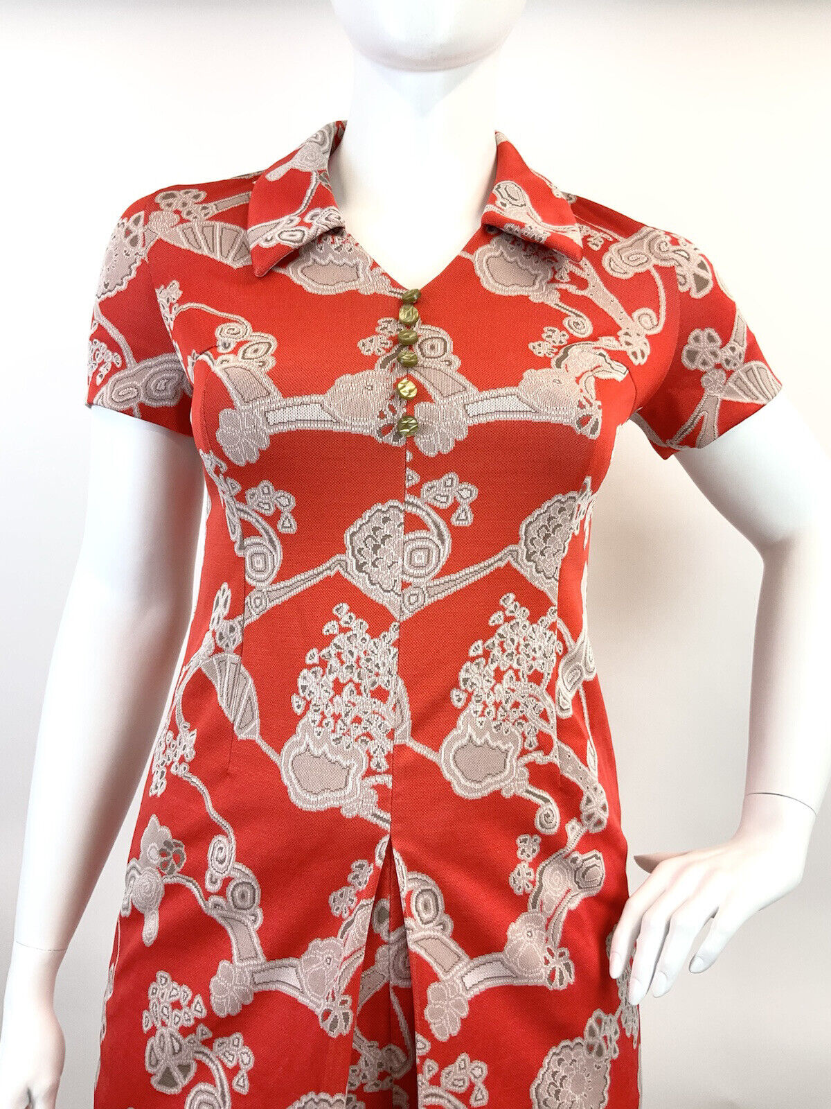 VINTAGE 60s 70s RED CREAM BROWN FLORAL ABSTRACT DAGGER COLLAR SHIRT DRESS 16