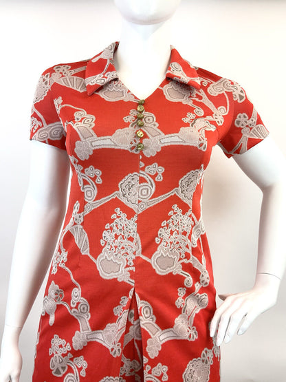 VINTAGE 60s 70s RED CREAM BROWN FLORAL ABSTRACT DAGGER COLLAR SHIRT DRESS 16