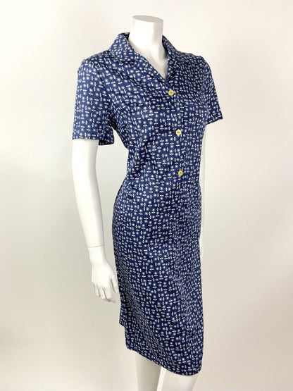 VINTAGE 60s 70s BLUE WHITE FLORAL DAISY SHIRT SHIFT DRESS 14 16