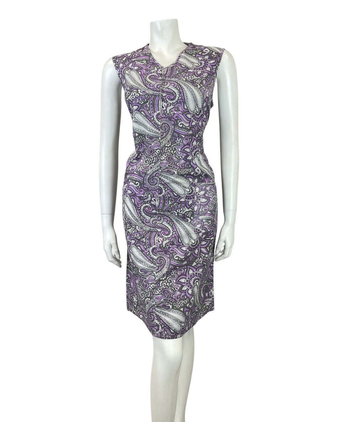 VINTAGE 60s 70s PURPLE GREY WHITE PSYCHEDELIC MANDALA FLORAL SLEEVELESS 12 14