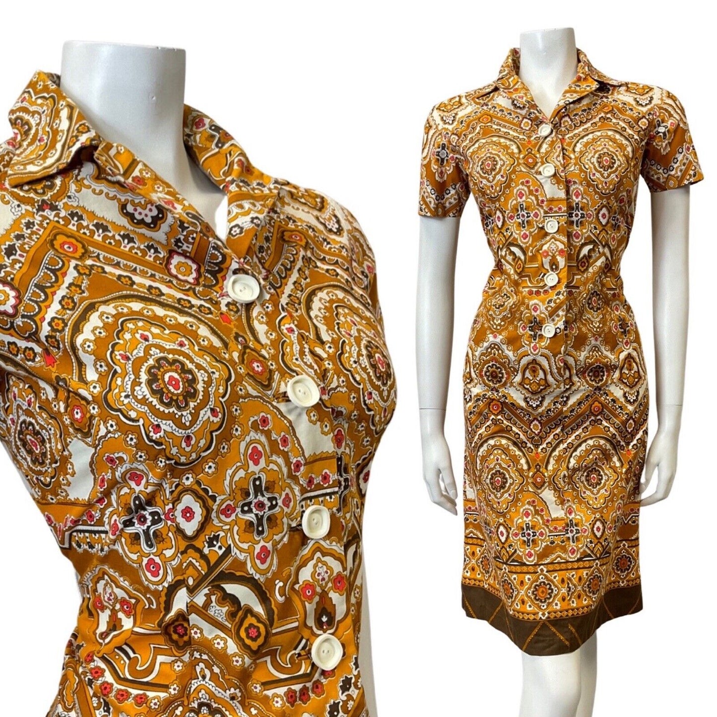 VINTAGE 60s 70s BROWN YELLOW WHITE FLORAL MANDALA BOHO MOD SHIRT DRESS 10