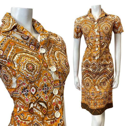 VINTAGE 60s 70s BROWN YELLOW WHITE FLORAL MANDALA BOHO MOD SHIRT DRESS 10
