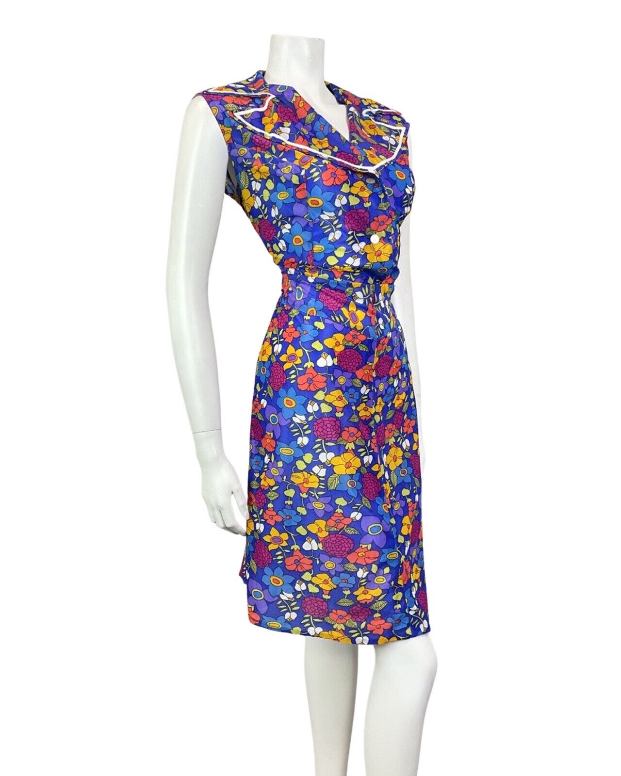 VINTAGE 60s 70s BLUE PURPLE YELLOW FLORAL MOD SLEEVELESS SHIRT DRESS 14 16