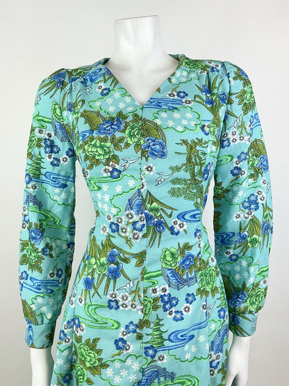 VINTAGE 70s BLUE GREEN GREY FLORAL BIRD PAGODA ORIENTAL SWING DRESS 10 12