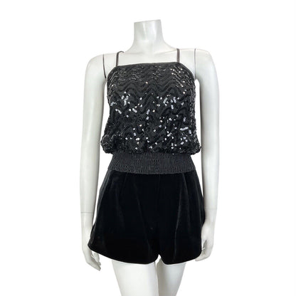VINTAGE 70s BLACK WAVY SEQUIN BLOUSON SPAGHETTI STRAP STUDIO 54 DISCO TOP 8
