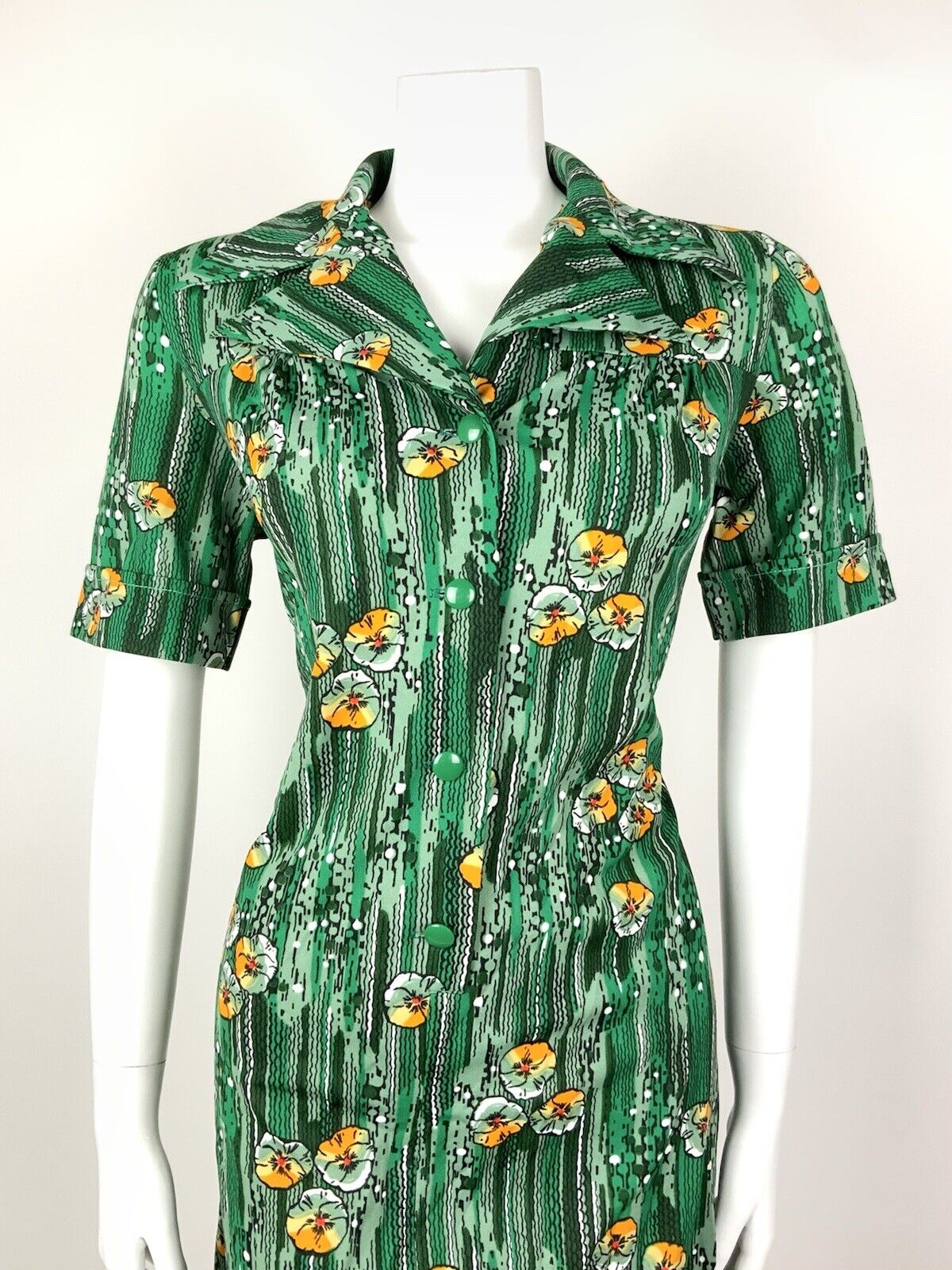 VINTAGE 60s 70s GREEN WHITE ORANGE STRIPED FLORAL DAGGER SHIRT DRESS 14 16