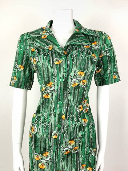 VINTAGE 60s 70s GREEN WHITE ORANGE STRIPED FLORAL DAGGER SHIRT DRESS 14 16