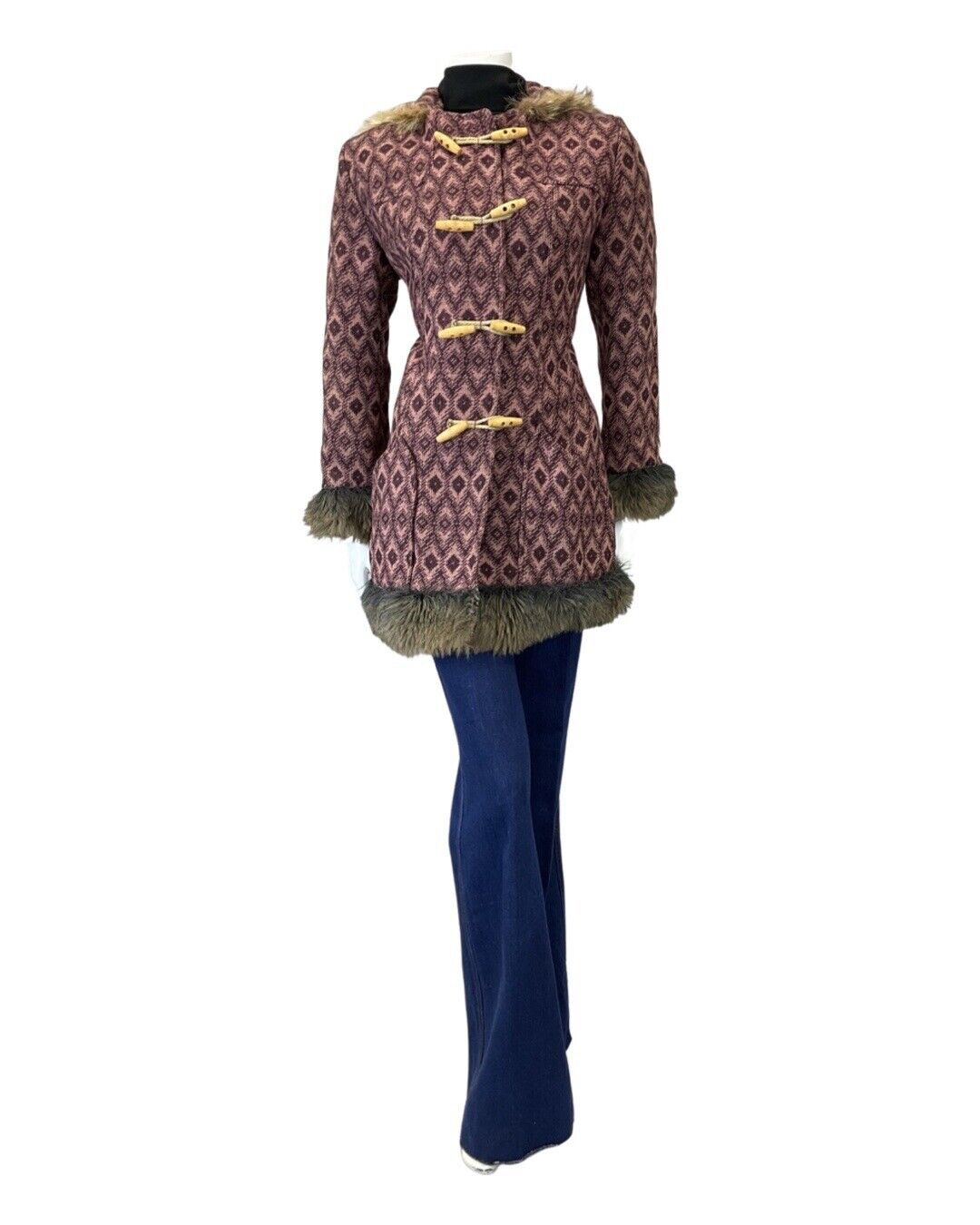VINTAGE 60s 70s PURPLE PINK IKAT GEOMETRIC TOGGLE HOODED MOD WOOL COAT 14 16