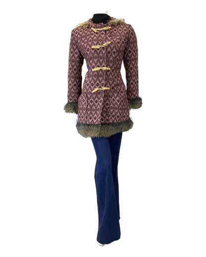 VINTAGE 60s 70s PURPLE PINK IKAT GEOMETRIC TOGGLE HOODED MOD WOOL COAT 14 16