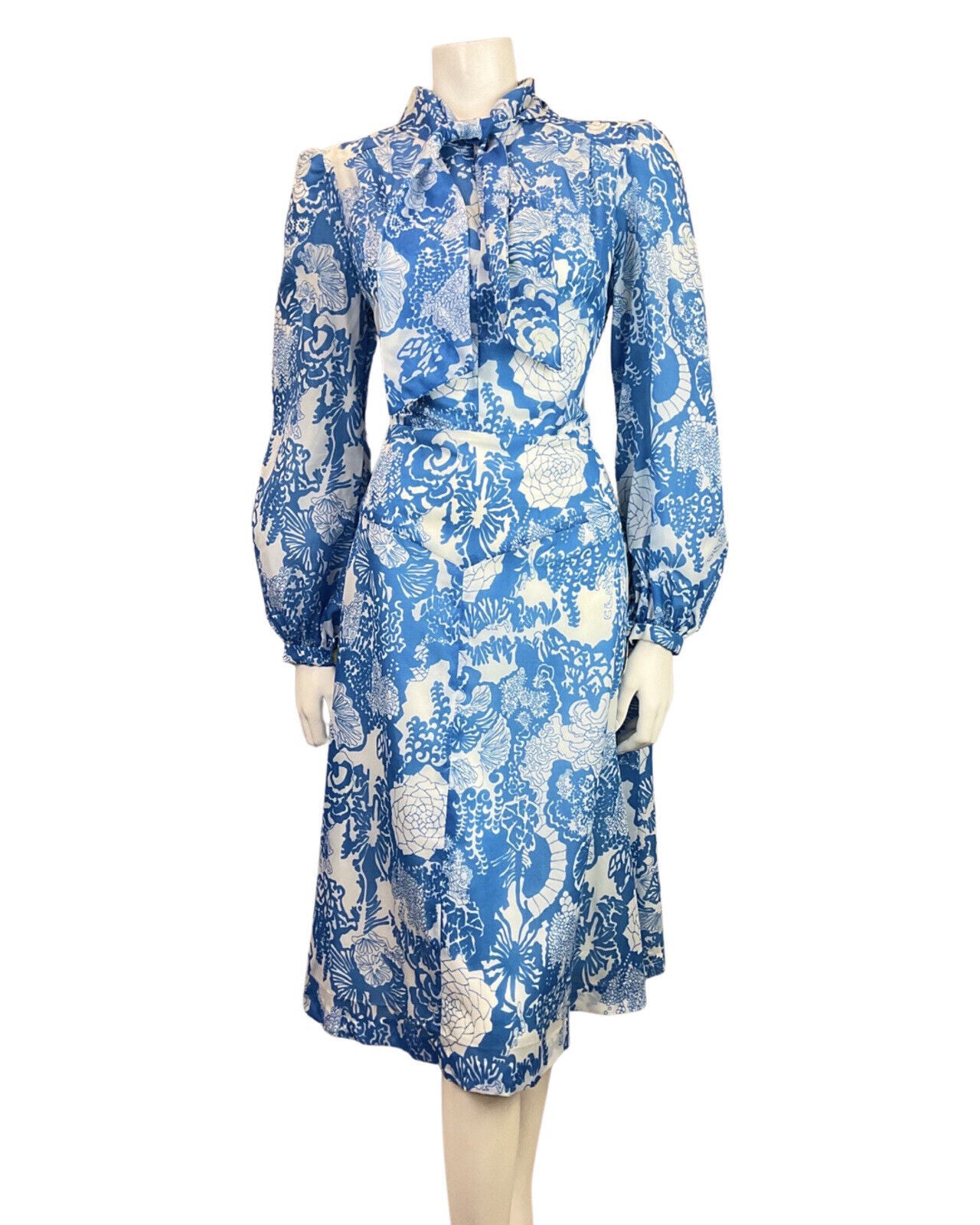 VINTAGE 60s 70s BLUE WHITE PSYCHEDELIC FLORAL PUSSYBOW SHEER SWING DRESS 12 14