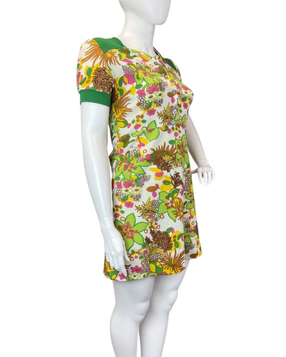 VINTAGE 60s 70s WHITE GREEN PINK FLORAL PSYCHEDELIC MOD SHORT DRESS 16