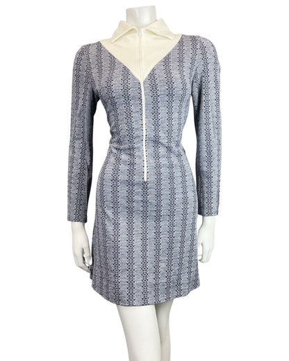 VINTAGE 60s 70s NAVY BLUE CREAM STRIPED ZIP-UP MOD FITTED SHIRT DRESS 10 12