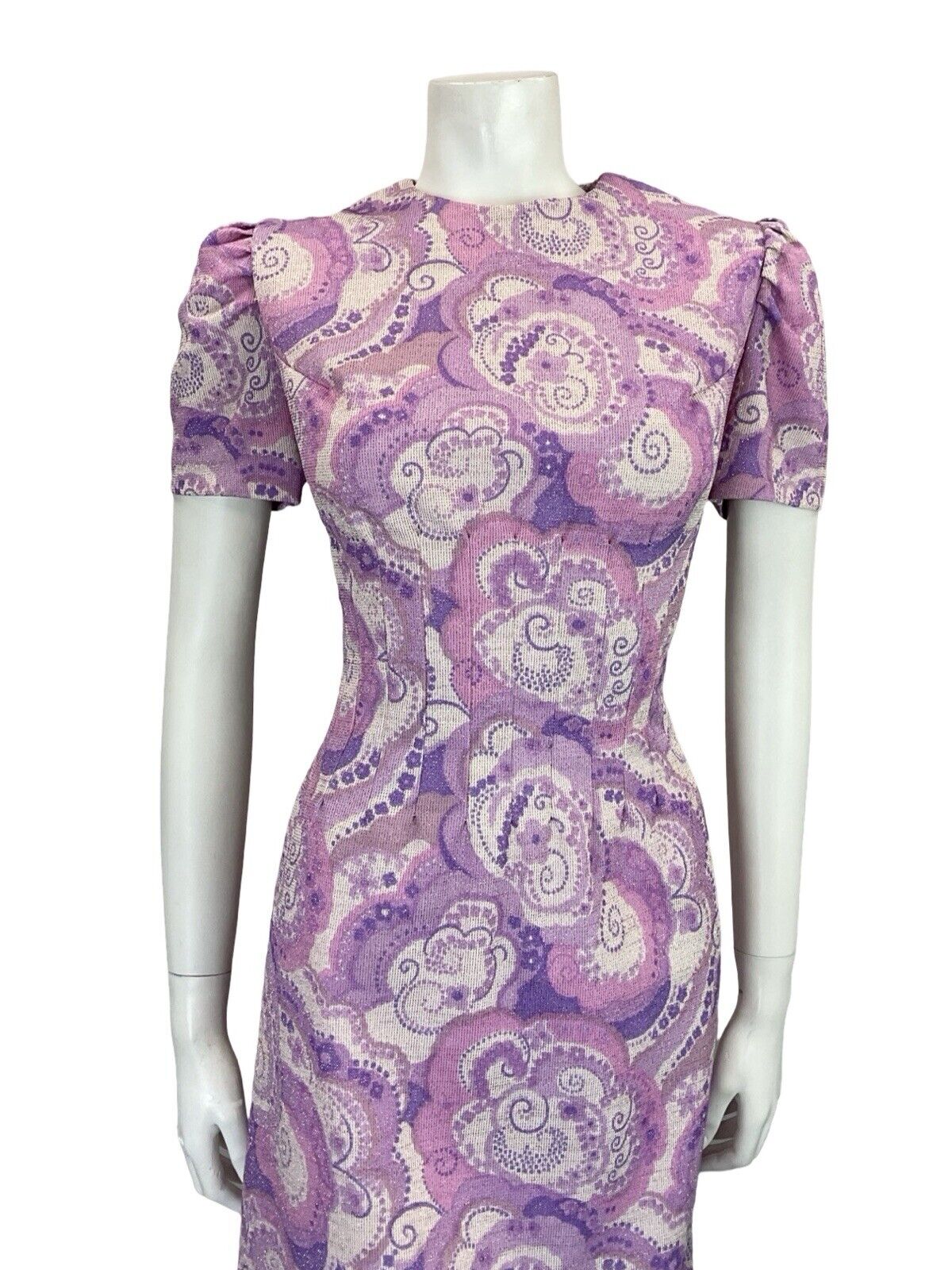 VTG 60S PURPLE WHITE PSYCHDELIC SWIRL SMOCKED WAIST SPARKLY PARTY DRESS 8 10 S