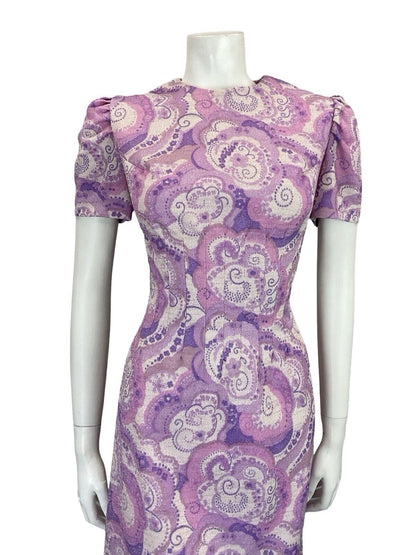 VTG 60S PURPLE WHITE PSYCHDELIC SWIRL SMOCKED WAIST SPARKLY PARTY DRESS 8 10 S