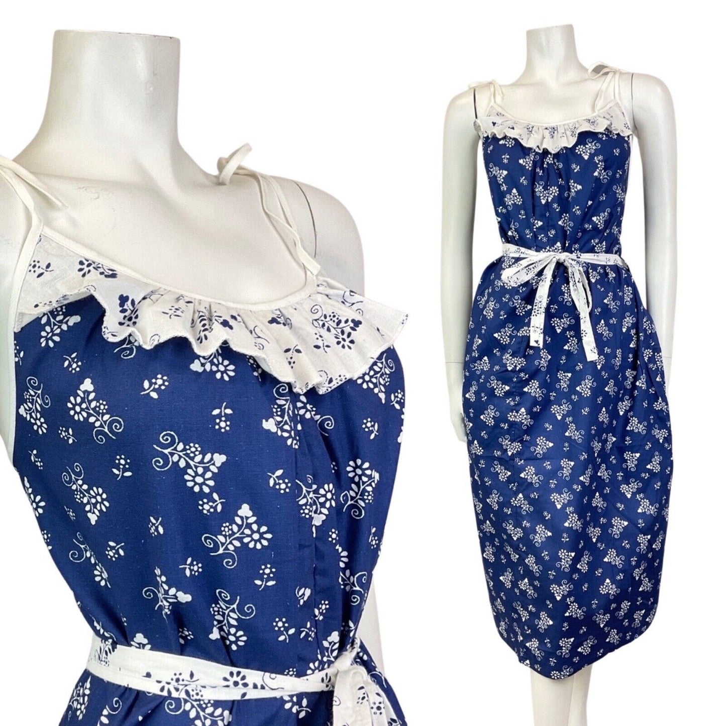 VINTAGE 70s BLUE WHITE FLORAL GRAPE VINE BOHO PRAIRIE SUMMER SUN-DRESS 18 20