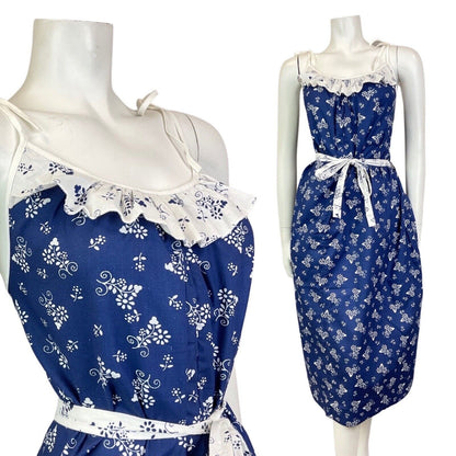 VINTAGE 70s BLUE WHITE FLORAL GRAPE VINE BOHO PRAIRIE SUMMER SUN-DRESS 18 20