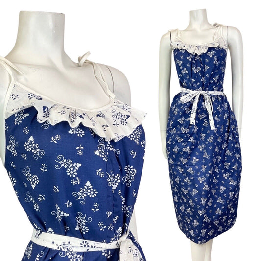 VINTAGE 70s BLUE WHITE FLORAL GRAPE VINE BOHO PRAIRIE SUMMER SUN-DRESS 18 20