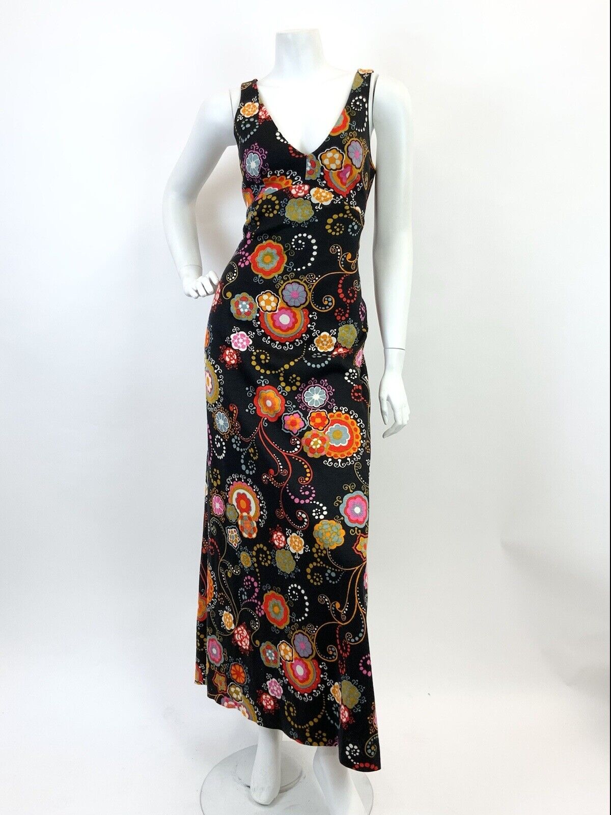 VTG 60s 70s BLACK PINK ORANGE RED PSYCHEDELIC FLORAL DOTTY EMPIRE MAXI DRESS 8