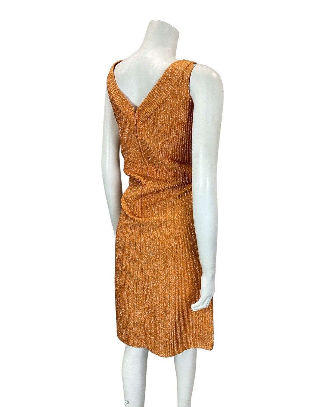 VINTAGE 60s 70s BURNT ORANGE SILVER LUREX V-NECK PARTY SLEEVELESS DRESS 12 14