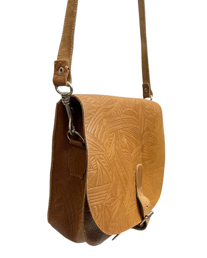 VINTAGE 60s 70s CAMEL BROWN STAMPED LEATHER GEOMETRIC BOHO SHOULDER BAG