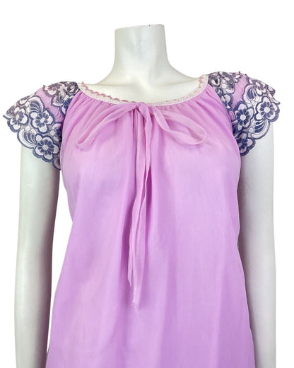 VINTAGE 60s 70s LILAC BLUE PINK FLORAL LACE MOD BABYDOLL NIGHT GOWN DRESS 12 14