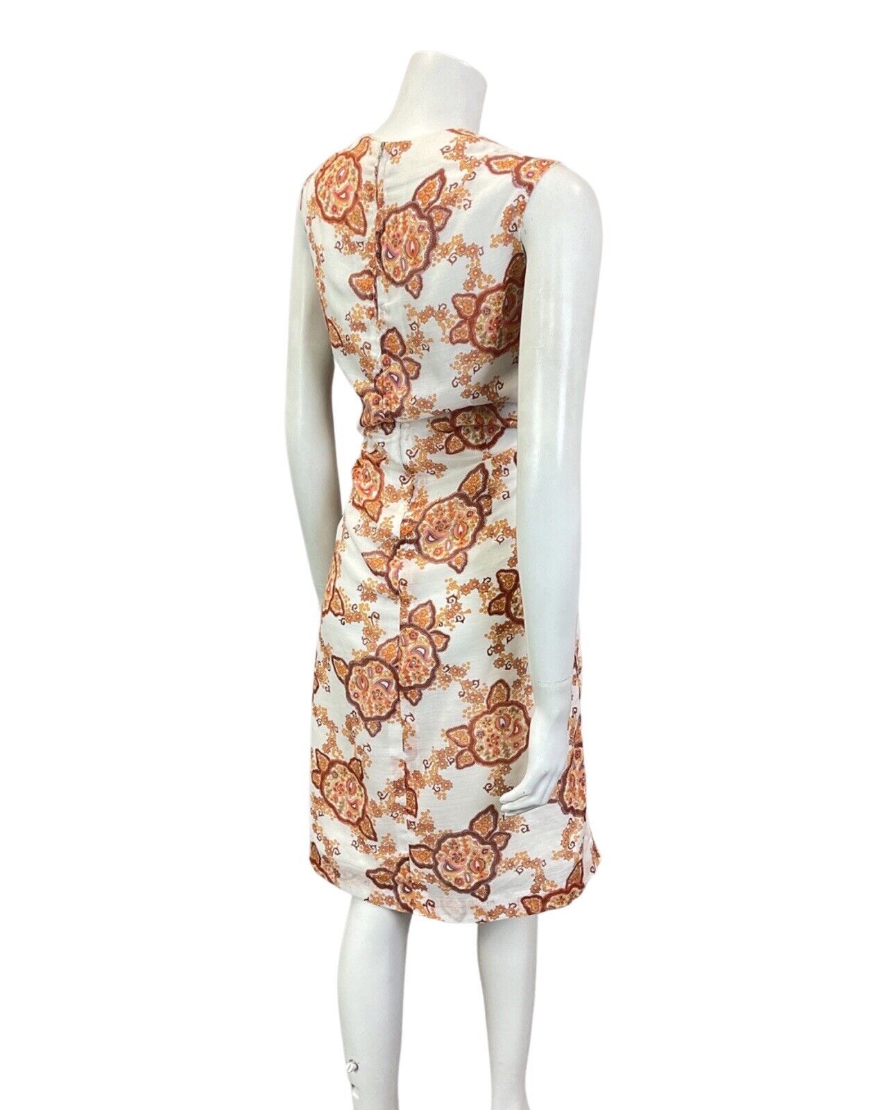 VINTAGE 60s 70s WHITE ORANGE BROWN PAISLEY FLORAL MANDALA SUMMER DRESS 12 14