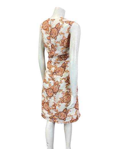 VINTAGE 60s 70s WHITE ORANGE BROWN PAISLEY FLORAL MANDALA SUMMER DRESS 12 14