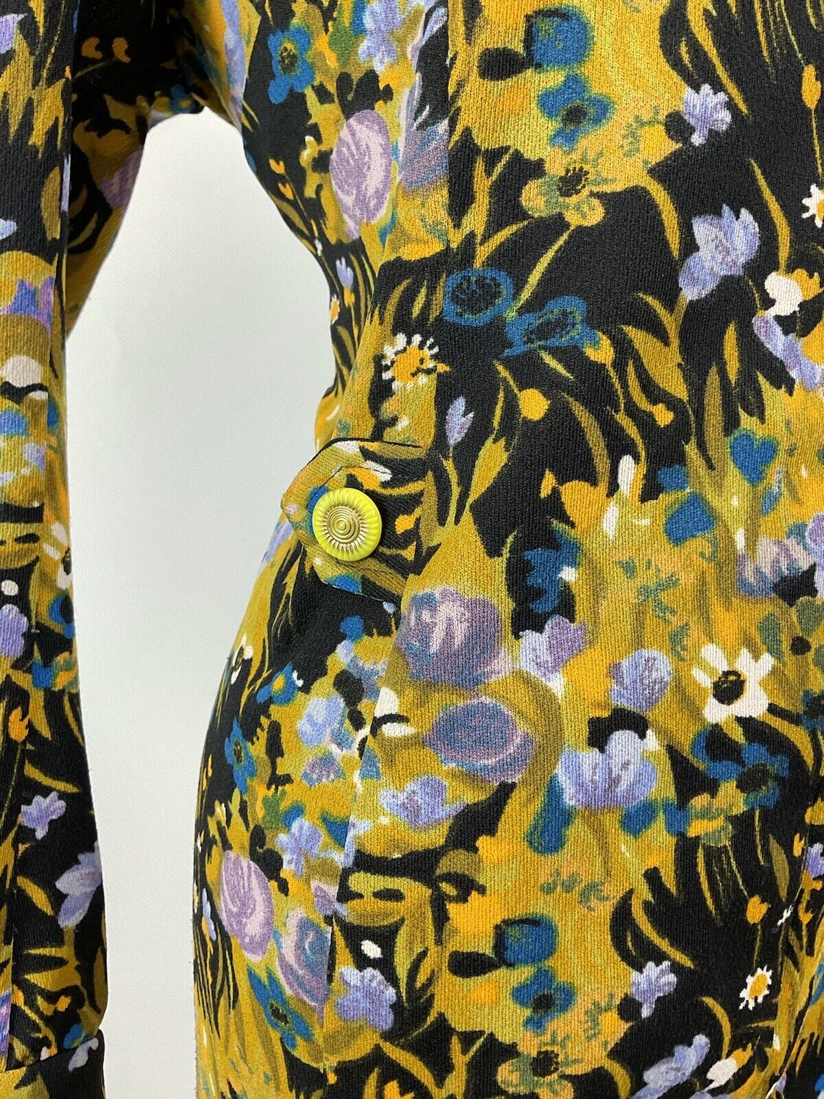 VINTAGE 60s 70s YELLOW BLUE GREEN BLACK PSYCHEDELIC FLORAL SHIRT DRESS 16 18