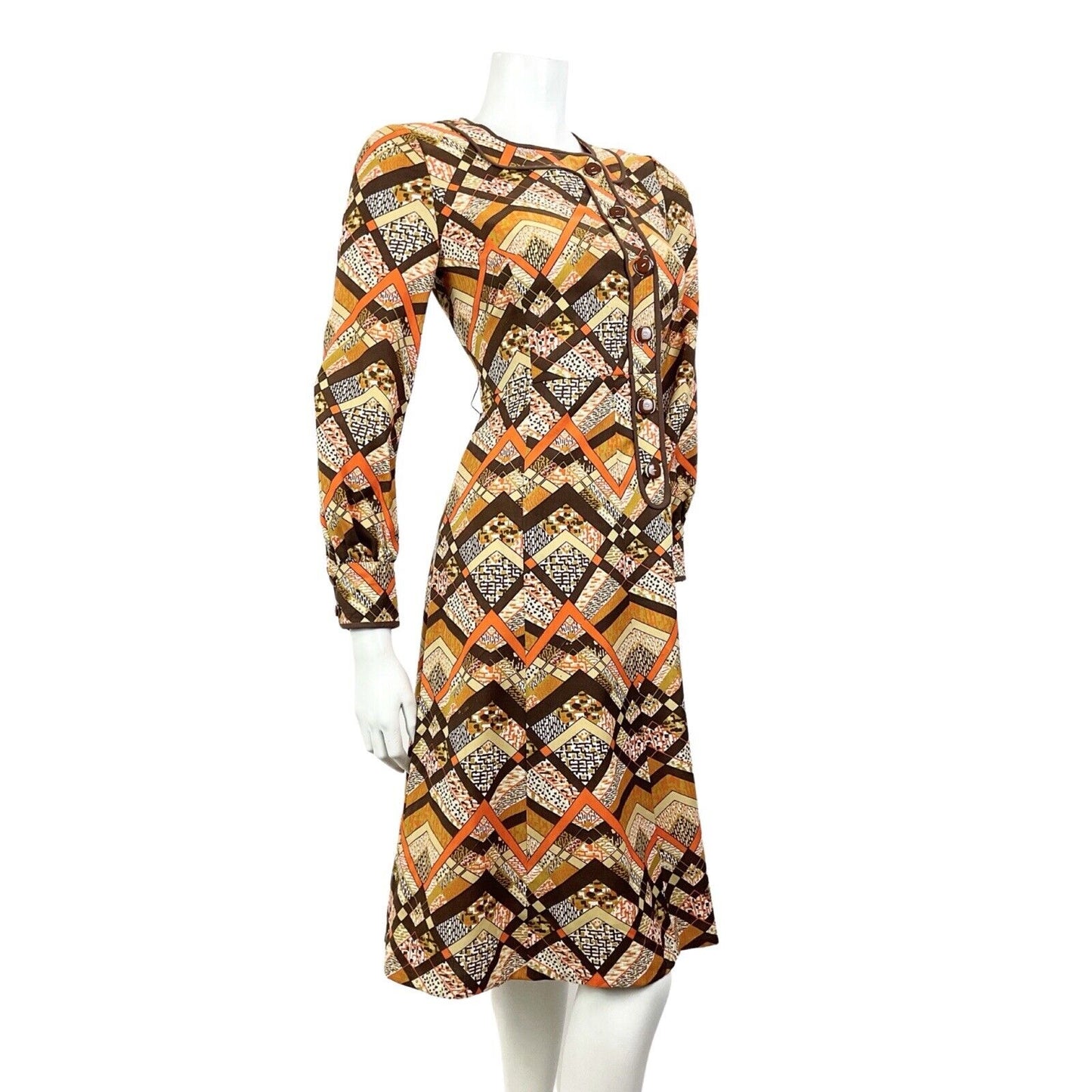 VINTAGE 60s 70s BROWN CREAM ORANGE GEOMETRIC PSYCHEDELIC MOD LONGSLEEVE DRESS 8