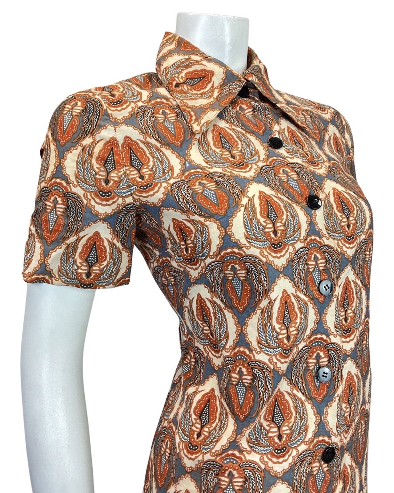 VINTAGE 60s 70s CREAM BLUE ORANGE PSYCHEDELIC FLORAL DAGGER SHIRT DRESS 10 12