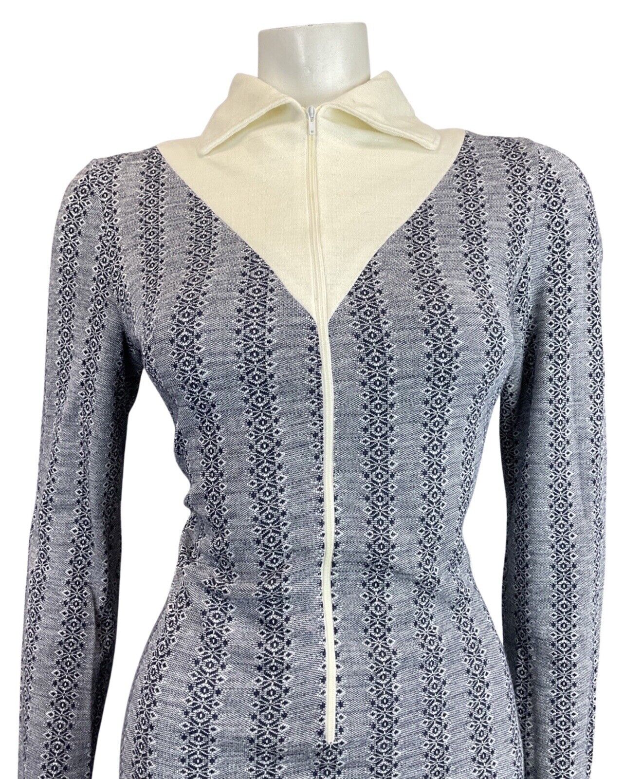 VINTAGE 60s 70s NAVY BLUE CREAM STRIPED ZIP-UP MOD FITTED SHIRT DRESS 10 12