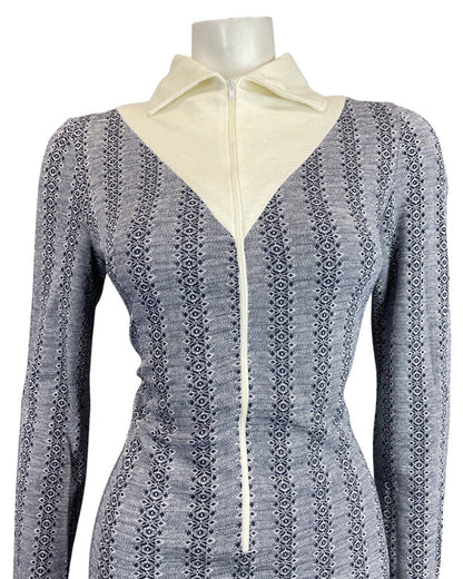 VINTAGE 60s 70s NAVY BLUE CREAM STRIPED ZIP-UP MOD FITTED SHIRT DRESS 10 12